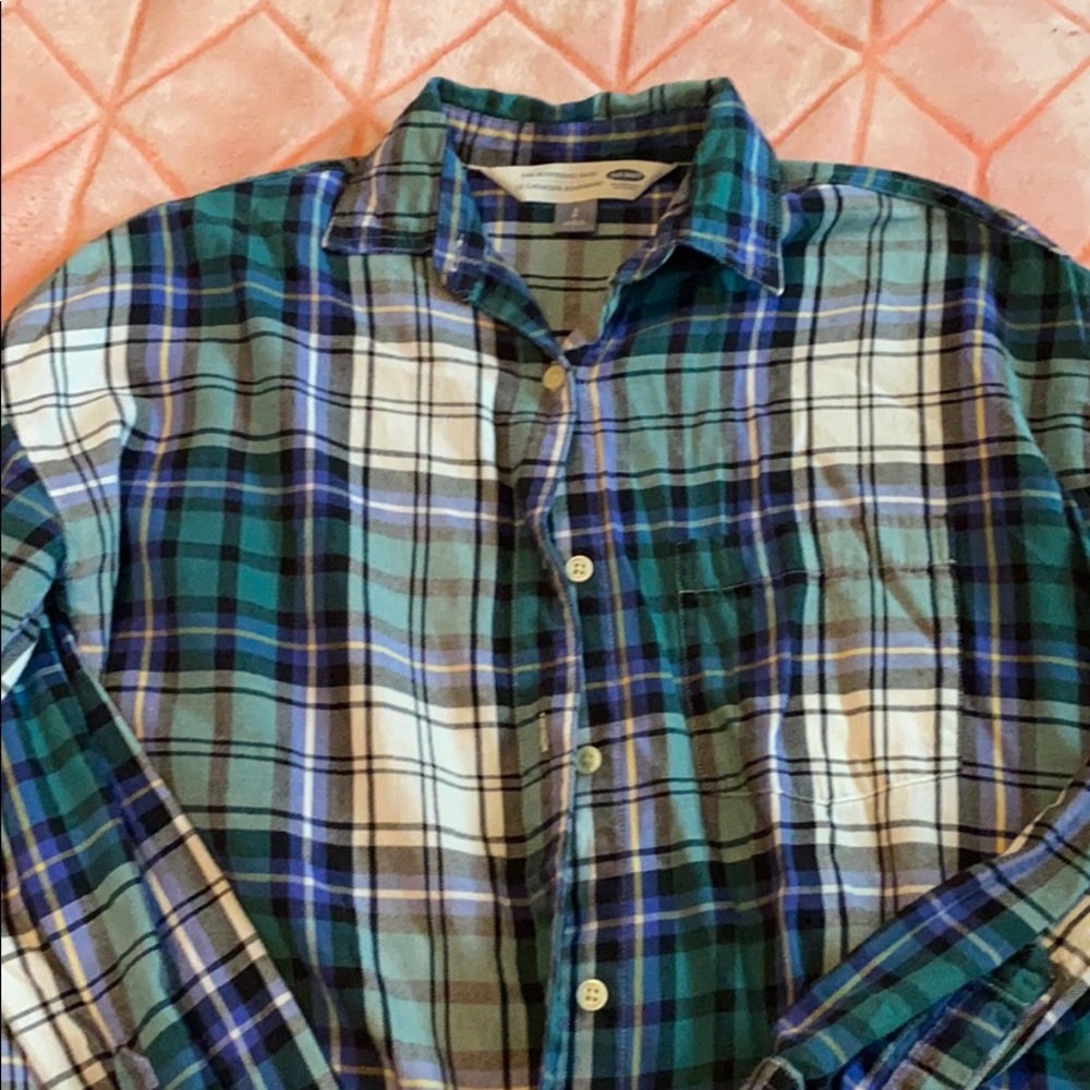 Green and blue plaid button down shirt